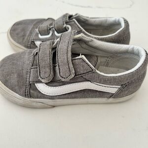 Kids Gray Canvas Velcro Vans Sneakers with White Stripe